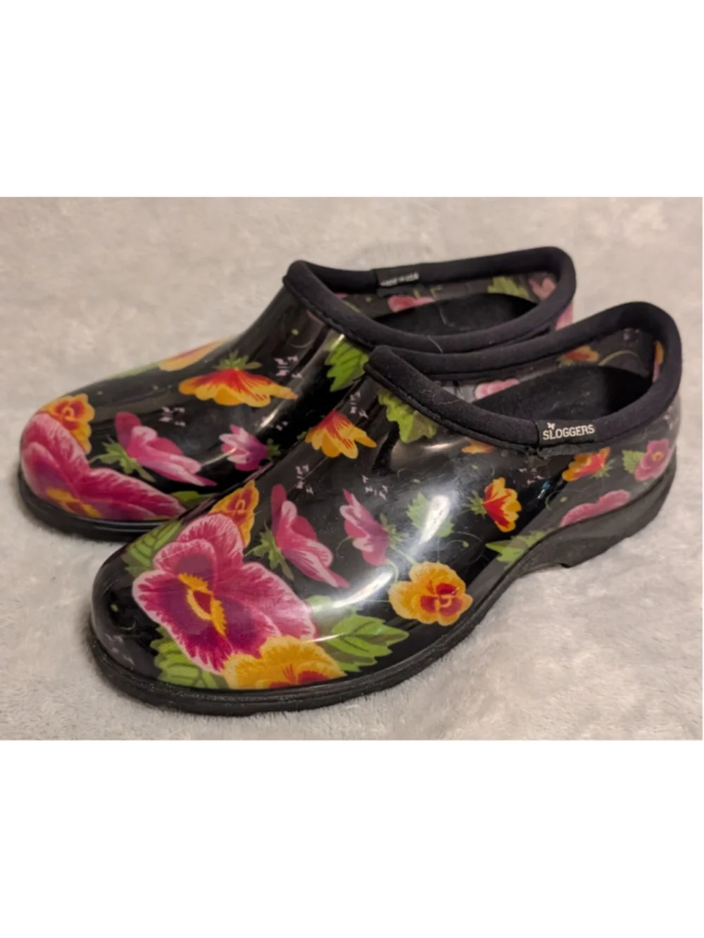 Sloggers Black Floral Clogs Rain Garden Shoes US Women's Size 8 B277